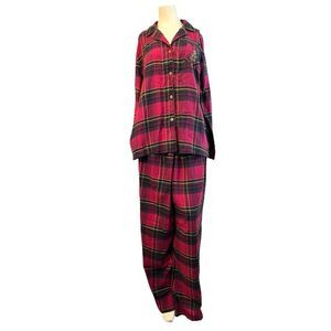 Ralph Lauren XL Dark Pink Plaid Notch Collar Fleece Pajama Set Top & Bottoms NWT